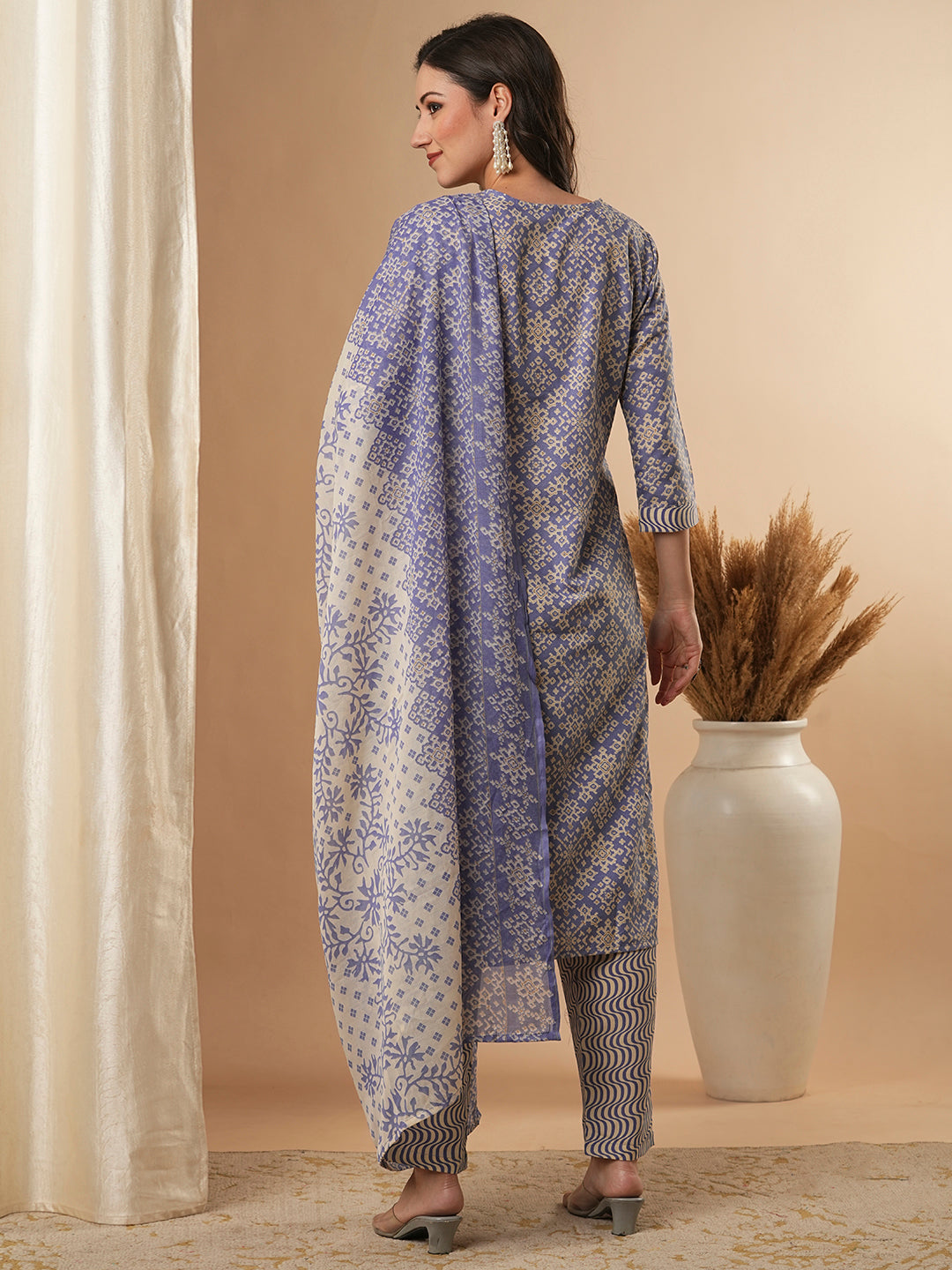 Ethnic Printed & Embroidered Straight Kurta & with Pant & Dupatta - Purple