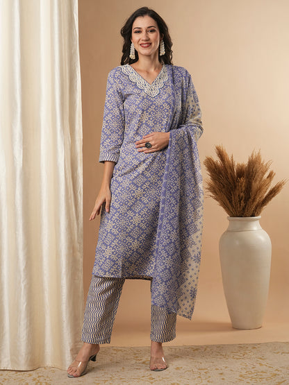 Ethnic Printed & Embroidered Straight Kurta & with Pant & Dupatta - Purple