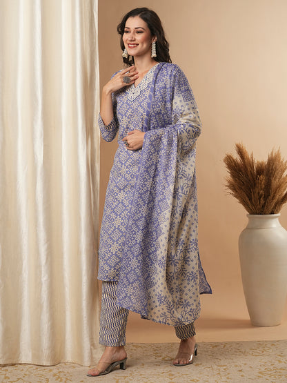 Ethnic Printed & Embroidered Straight Kurta & with Pant & Dupatta - Purple