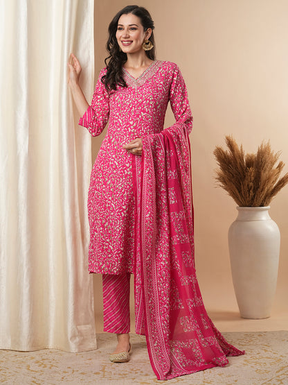 Ethnic Printed & Embroidered Straight Kurta with Pant and Dupatta - Pink