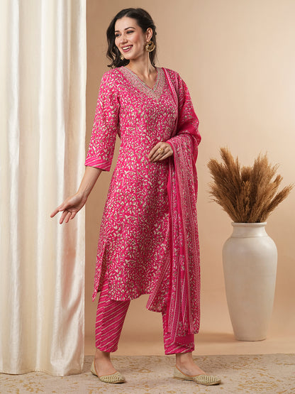 Ethnic Printed & Embroidered Straight Kurta with Pant and Dupatta - Pink