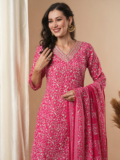 Ethnic Printed & Embroidered Straight Kurta with Pant and Dupatta - Pink