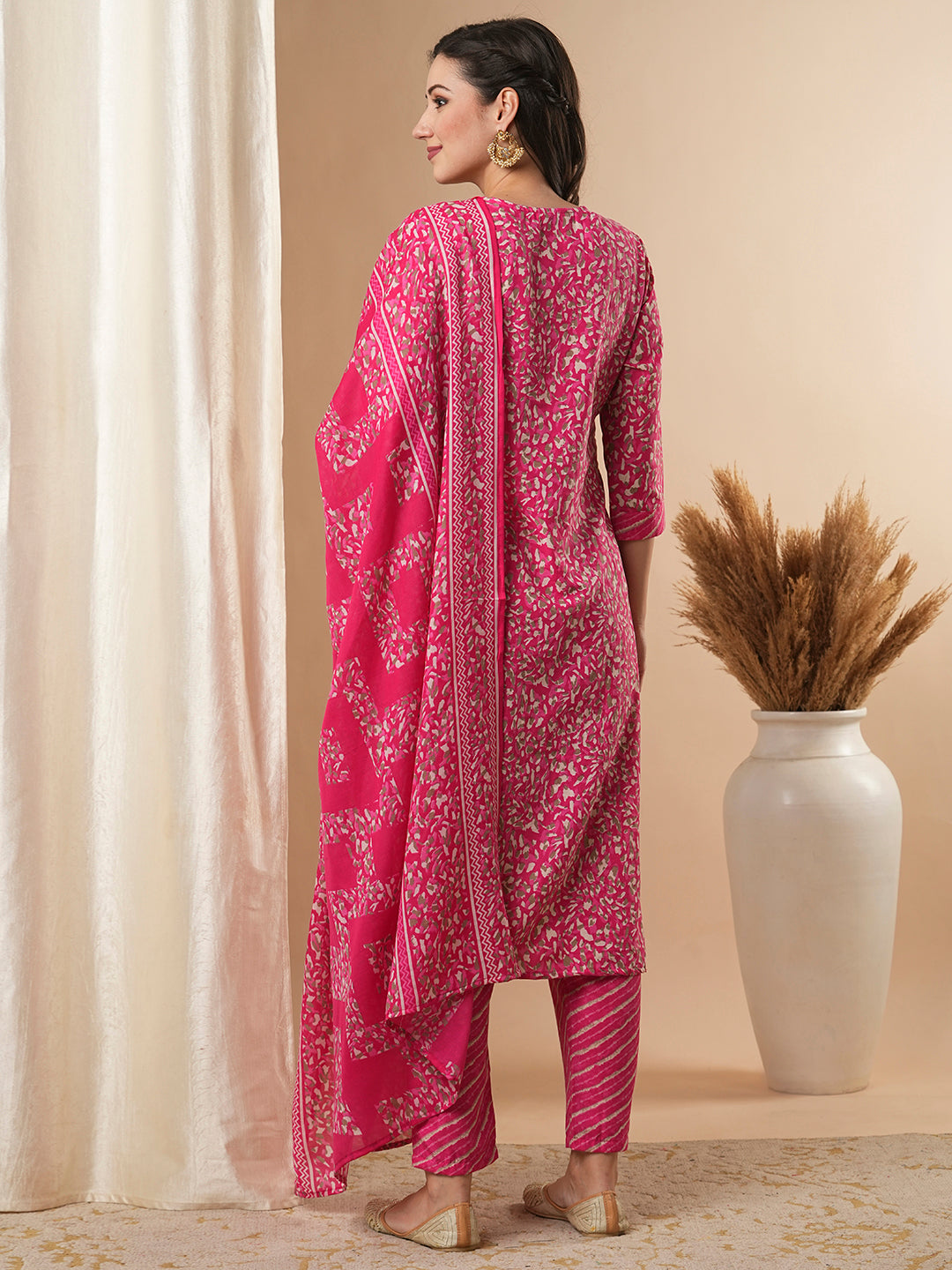 Ethnic Printed & Embroidered Straight Kurta with Pant and Dupatta - Pink