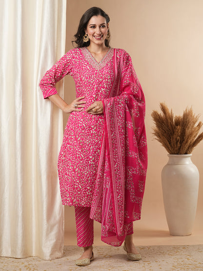 Ethnic Printed & Embroidered Straight Kurta with Pant and Dupatta - Pink