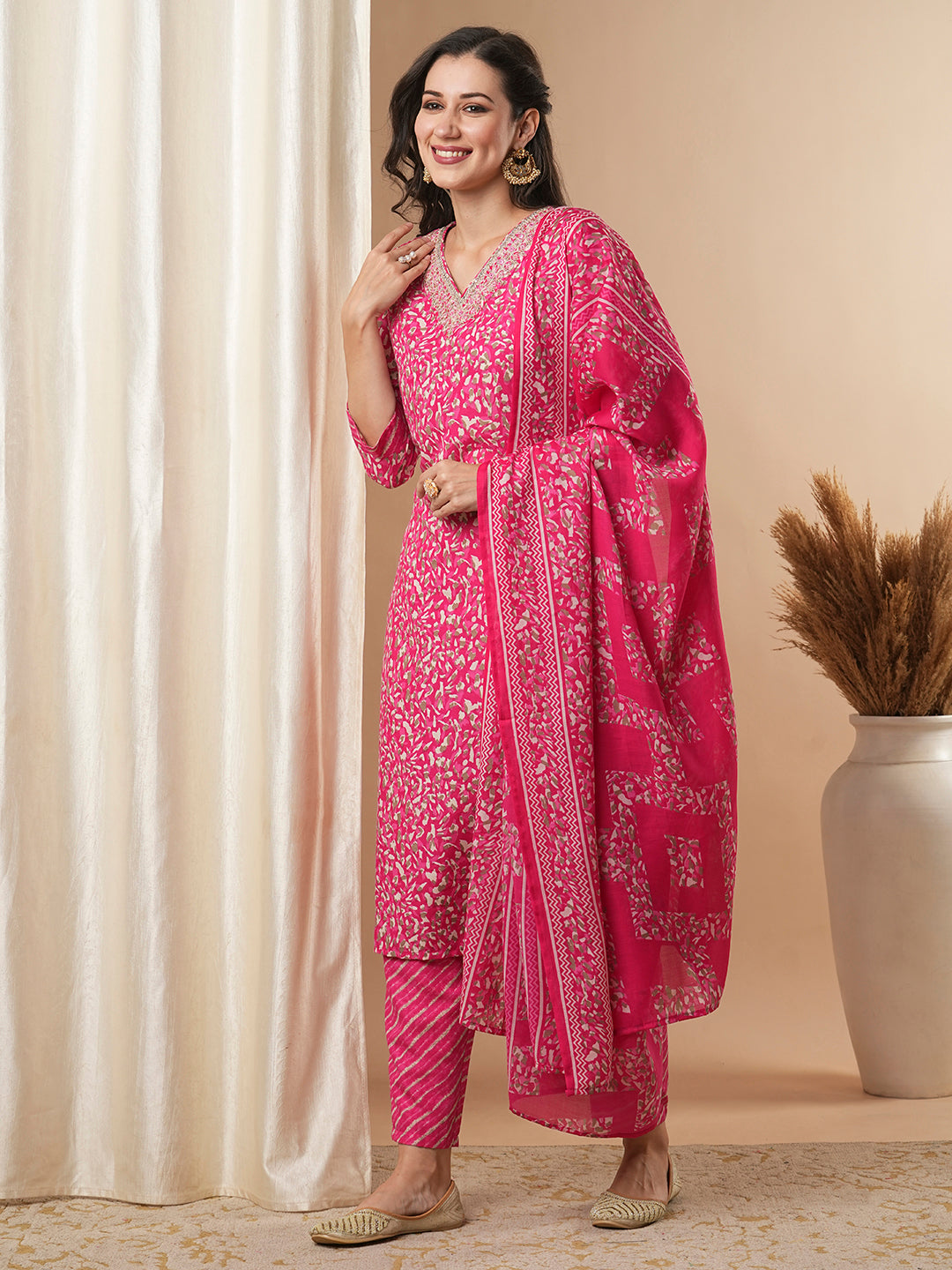 Ethnic Printed & Embroidered Straight Kurta with Pant and Dupatta - Pink