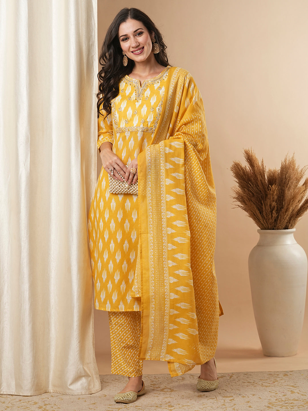 Ethnic Ikat Printed & Embroidered Straight Kurta with Pant and Dupatta - Yellow