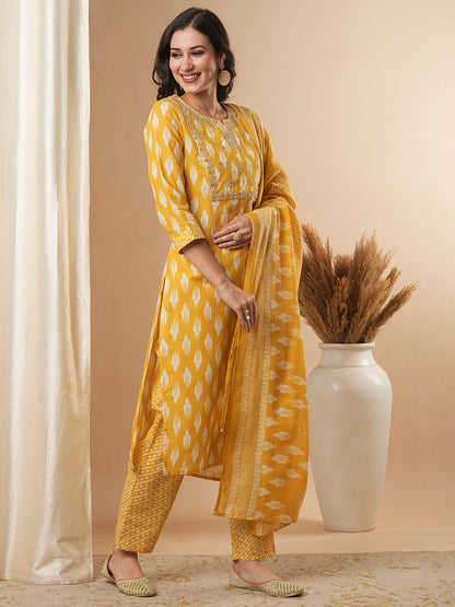 Ethnic Ikat Printed & Embroidered Straight Kurta with Pant and Dupatta - Yellow