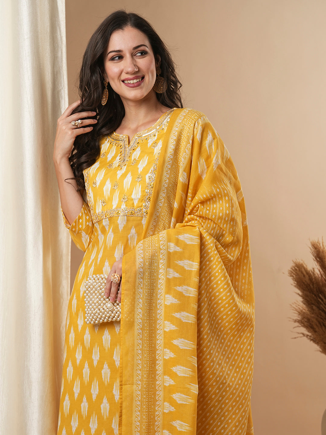 Ethnic Ikat Printed & Embroidered Straight Kurta with Pant and Dupatta - Yellow