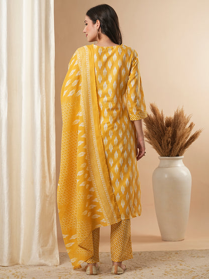 Ethnic Ikat Printed & Embroidered Straight Kurta with Pant and Dupatta - Yellow