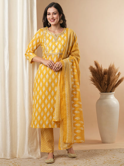 Ethnic Ikat Printed & Embroidered Straight Kurta with Pant and Dupatta - Yellow