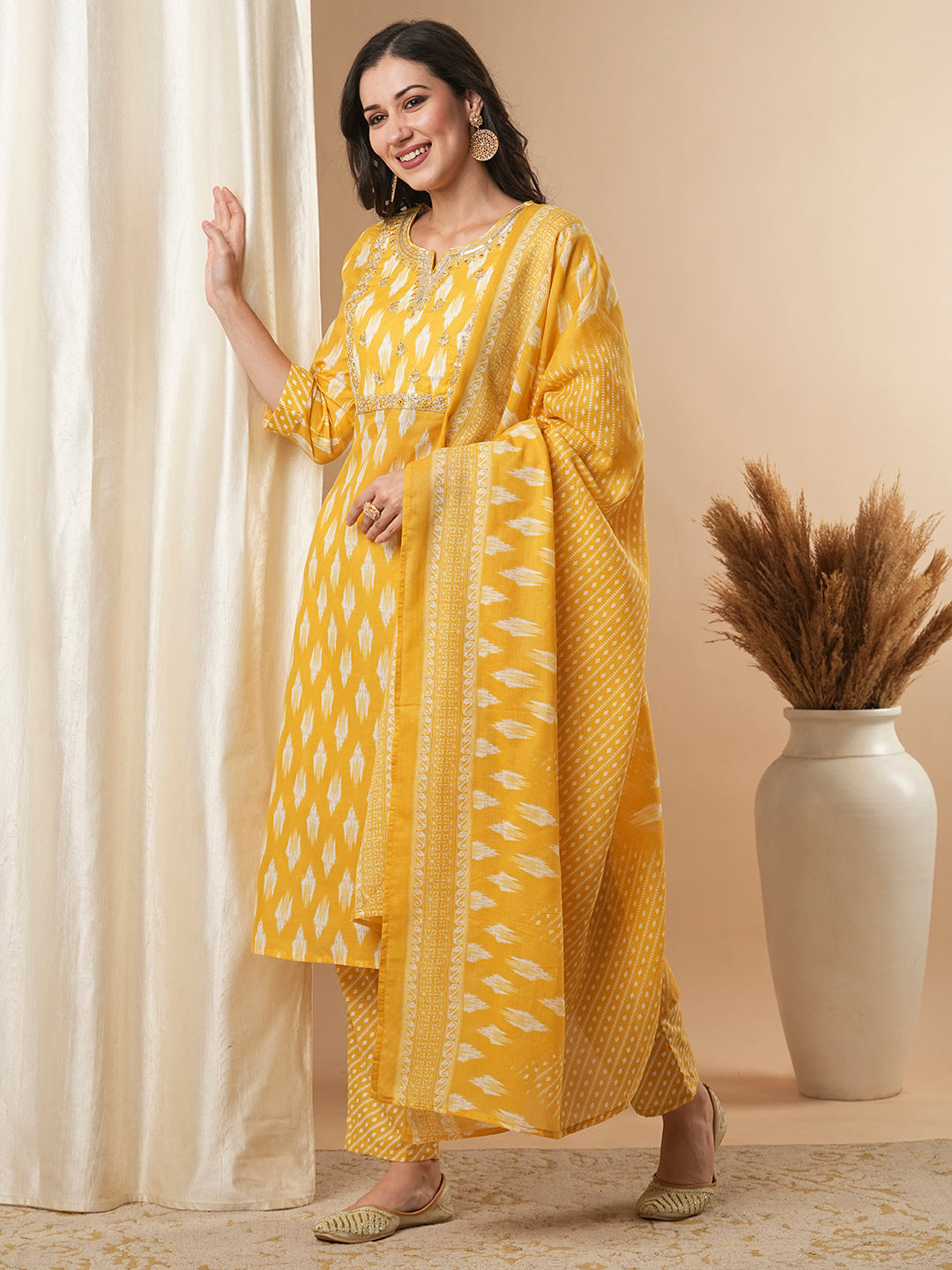 Ethnic Ikat Printed & Embroidered Straight Kurta with Pant and Dupatta - Yellow