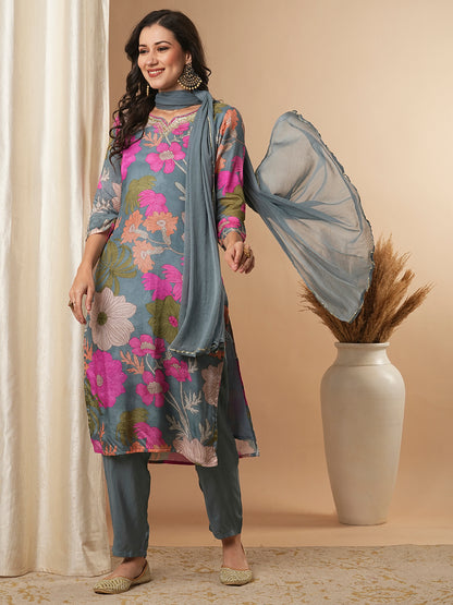 Floral Printed & Embroidered Straight Kurta with Pant and Dupatta - Blue