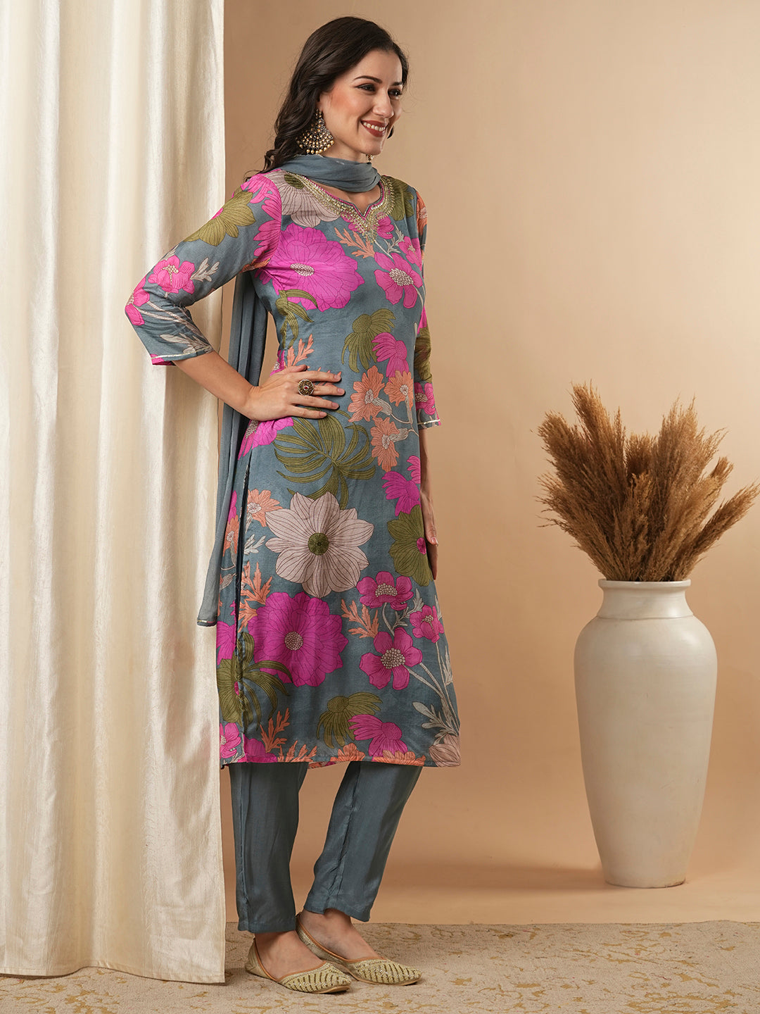 Floral Printed & Embroidered Straight Kurta with Pant and Dupatta - Blue