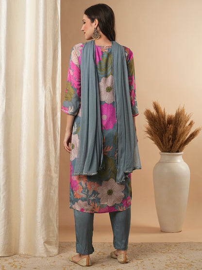 Floral Printed & Embroidered Straight Kurta with Pant and Dupatta - Blue