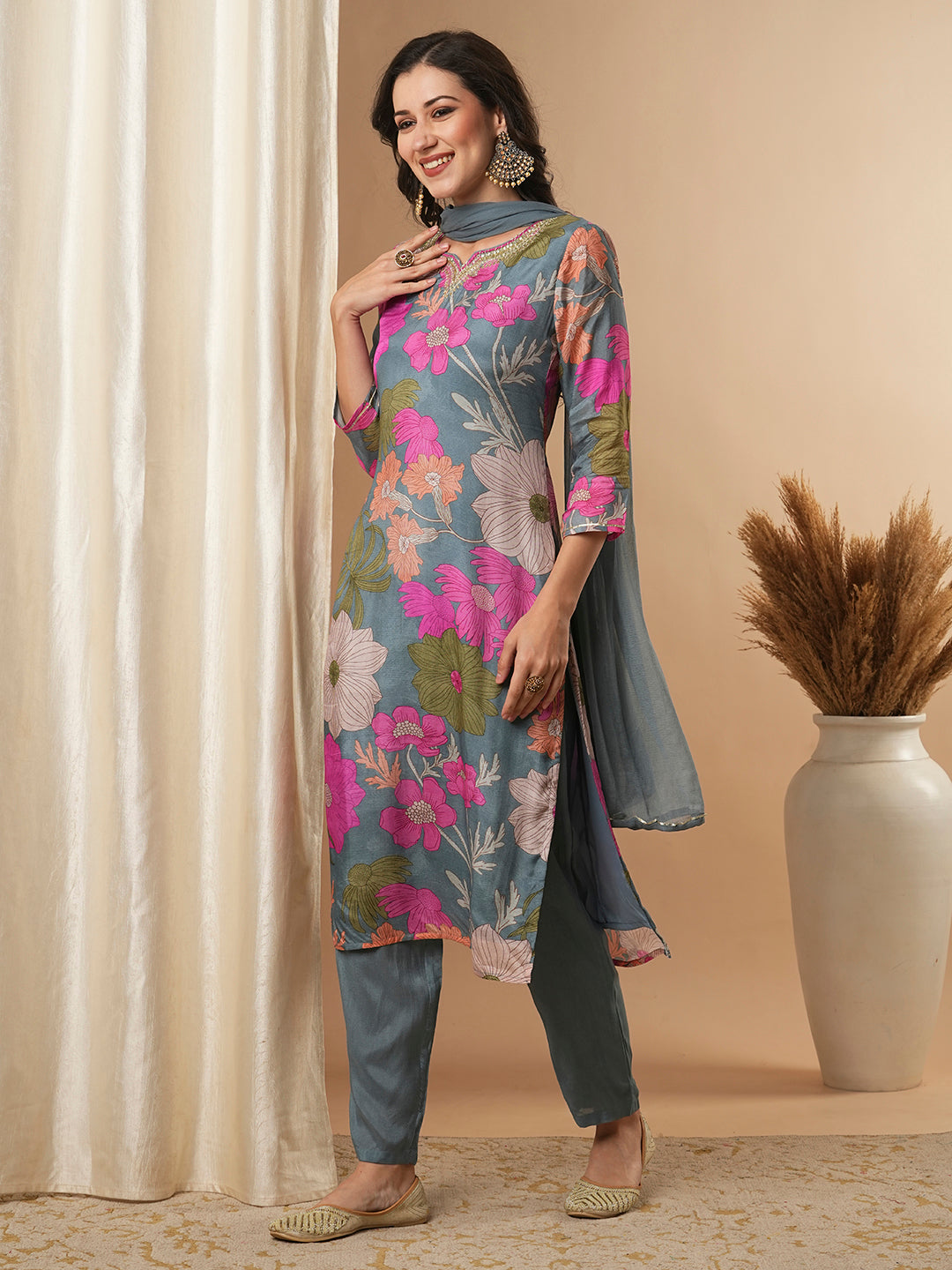 Floral Printed & Embroidered Straight Kurta with Pant and Dupatta - Blue