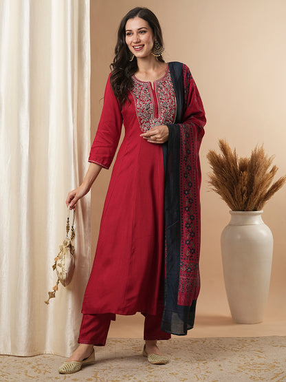 Solid Floral Embroidered Anarkali Kurta with Pant & Printed Dupatta - Red