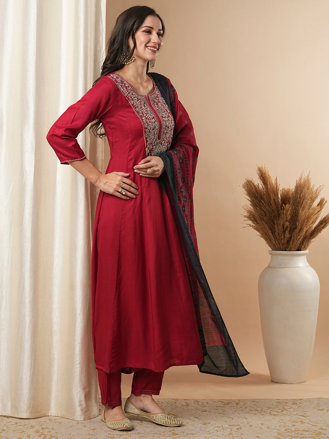 Solid Floral Embroidered Anarkali Kurta with Pant & Printed Dupatta - Red