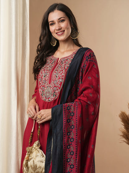 Solid Floral Embroidered Anarkali Kurta with Pant & Printed Dupatta - Red