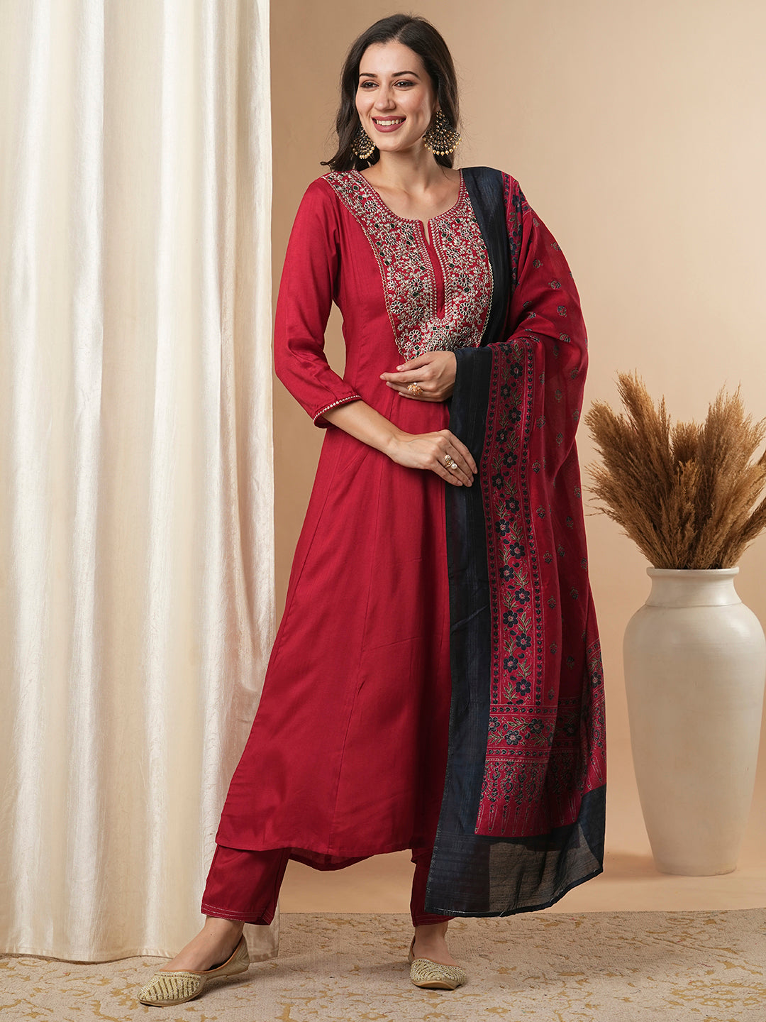 Solid Floral Embroidered Anarkali Kurta with Pant & Printed Dupatta - Red