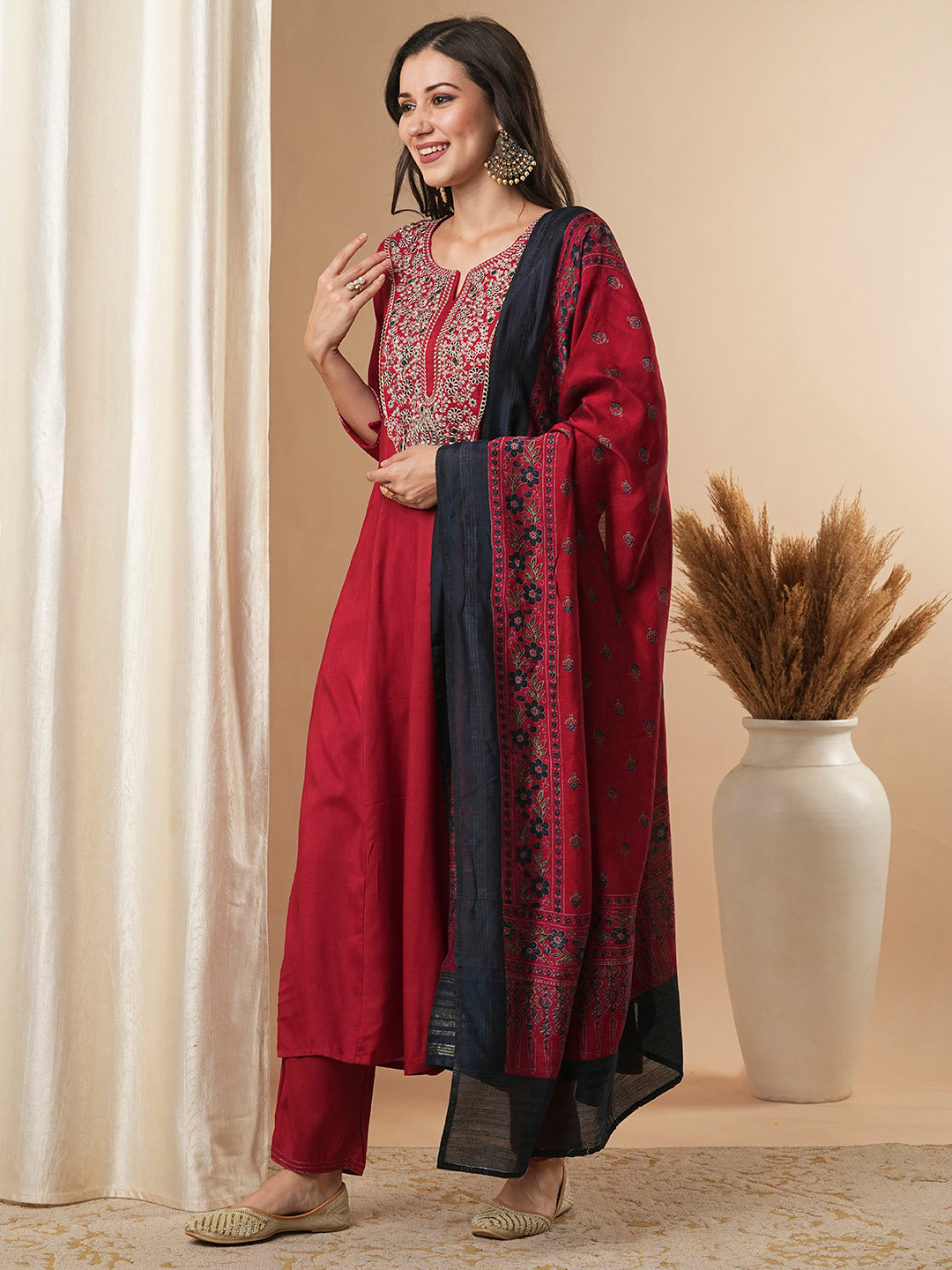 Solid Floral Embroidered Anarkali Kurta with Pant & Printed Dupatta - Red