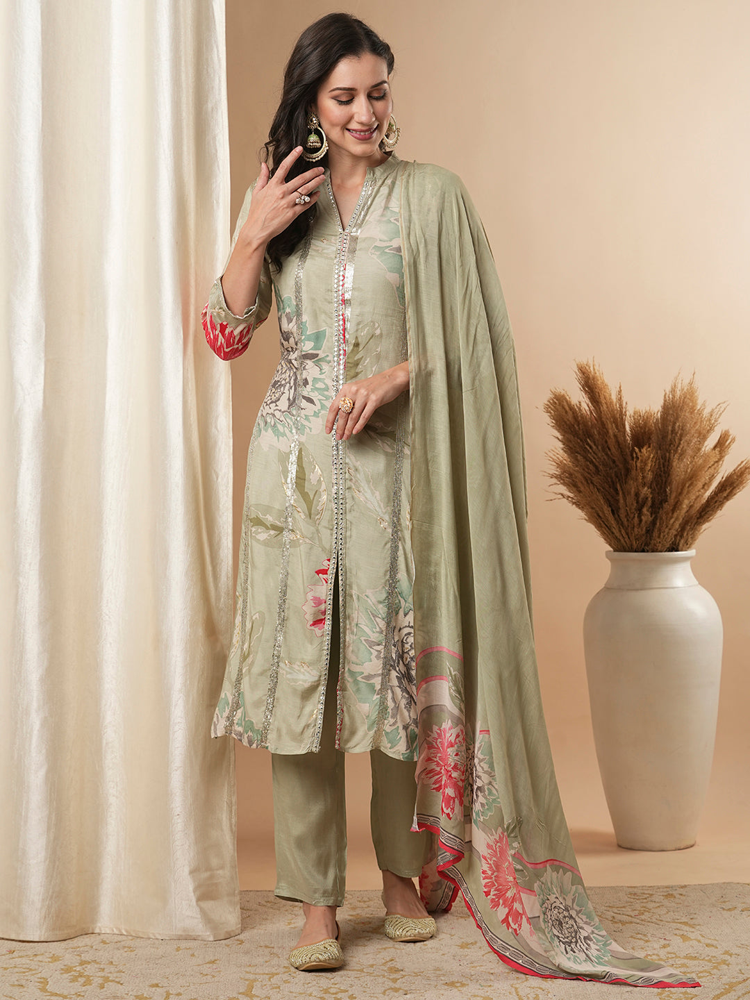 Abstract Floral Printed Embroidered Straight Fit Kurta with Pant and Dupatta - Green