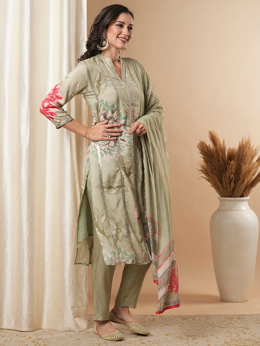 Abstract Floral Printed Embroidered Straight Fit Kurta with Pant and Dupatta - Green