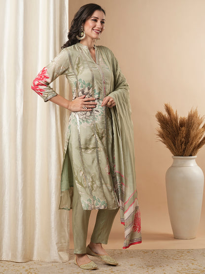 Abstract Floral Printed Embroidered Straight Fit Kurta with Pant and Dupatta - Green