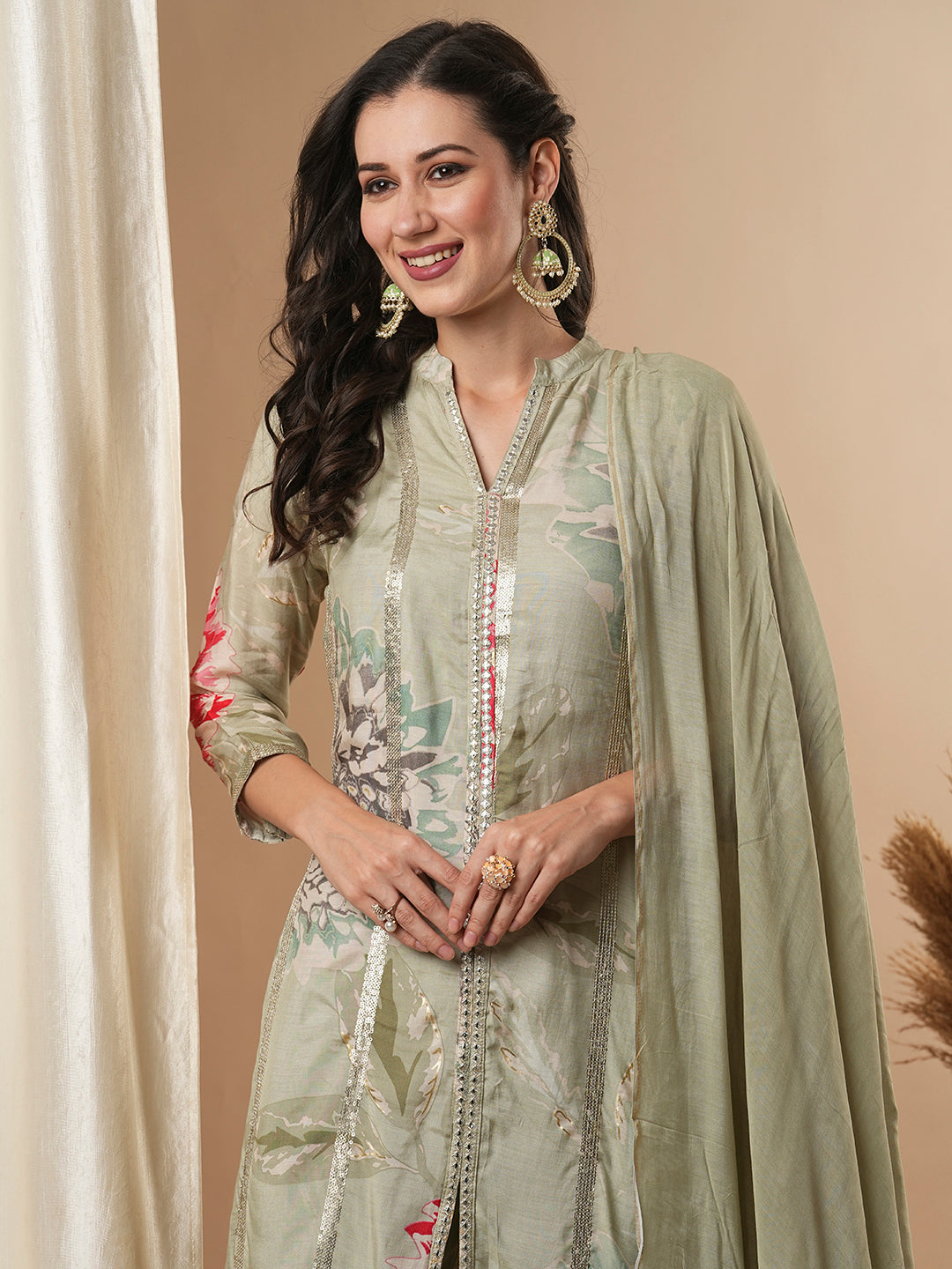 Abstract Floral Printed Embroidered Straight Fit Kurta with Pant and Dupatta - Green