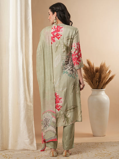 Abstract Floral Printed Embroidered Straight Fit Kurta with Pant and Dupatta - Green