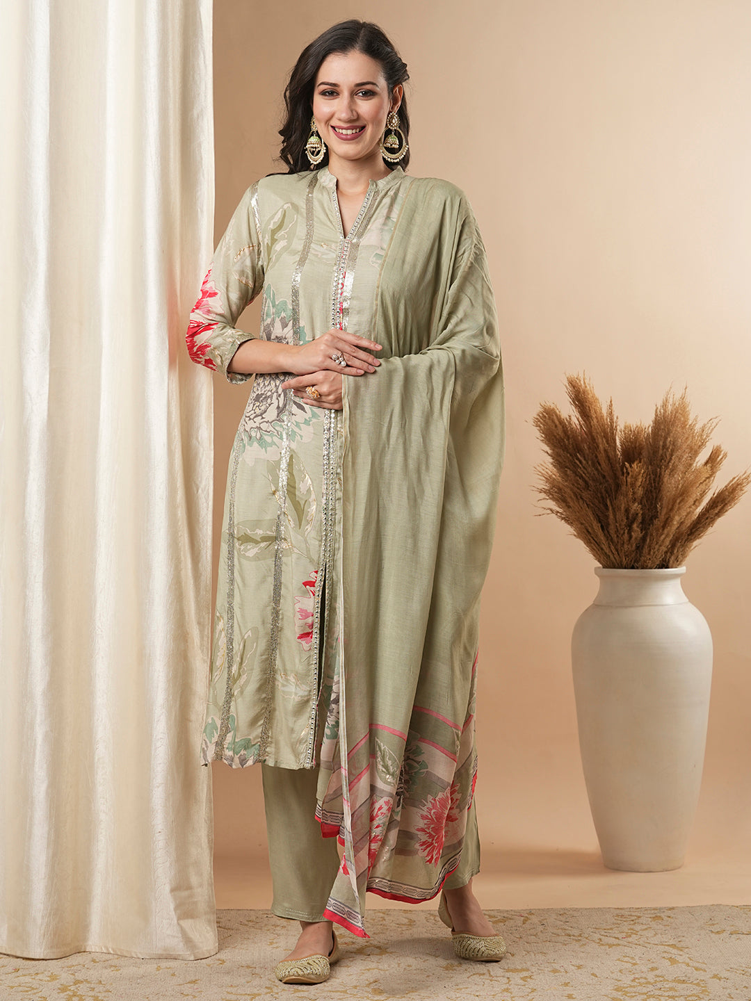 Abstract Floral Printed Embroidered Straight Fit Kurta with Pant and Dupatta - Green