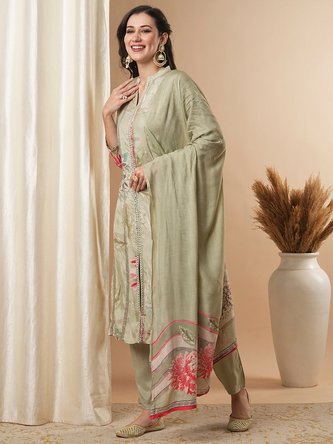 Abstract Floral Printed Embroidered Straight Fit Kurta with Pant and Dupatta - Green