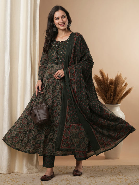 Ethnic Floral Printed & Embroidered Anarkali Kurta with Pant & Dupatta - Green