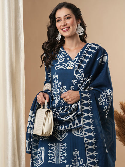 Ethnic Geometric Printed Straight Fit Kurta with Pant & Dupatta - Blue