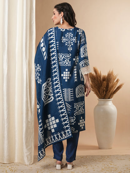 Ethnic Geometric Printed Straight Fit Kurta with Pant & Dupatta - Blue