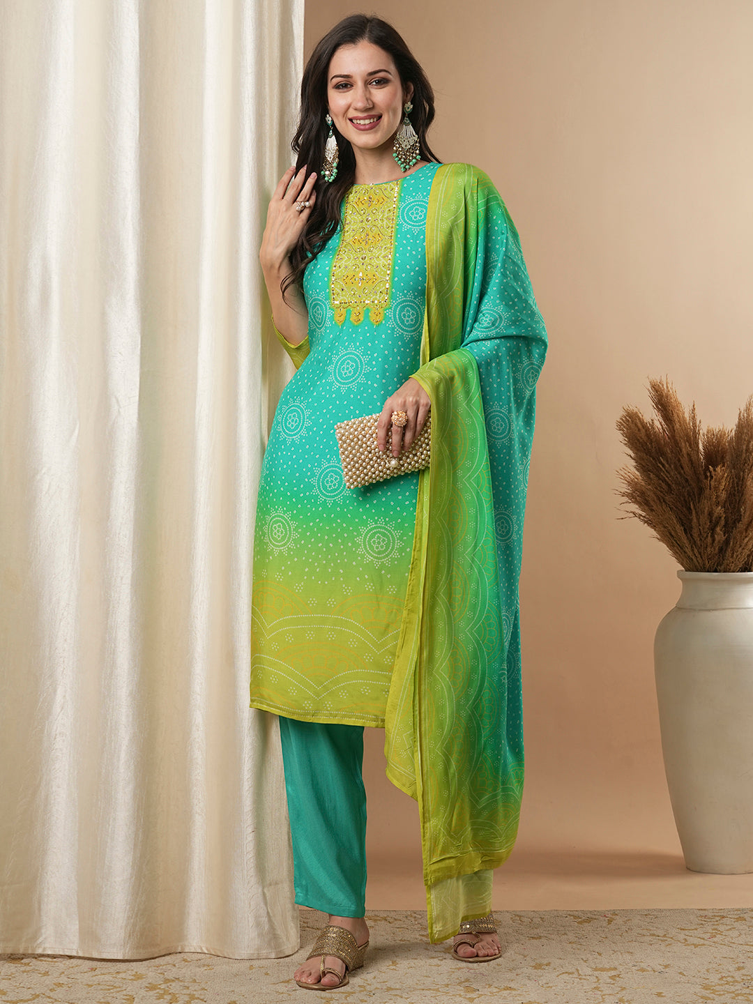 Bandhani Printed & Embroidered Straight Kurta with Pant & Dupatta - Green