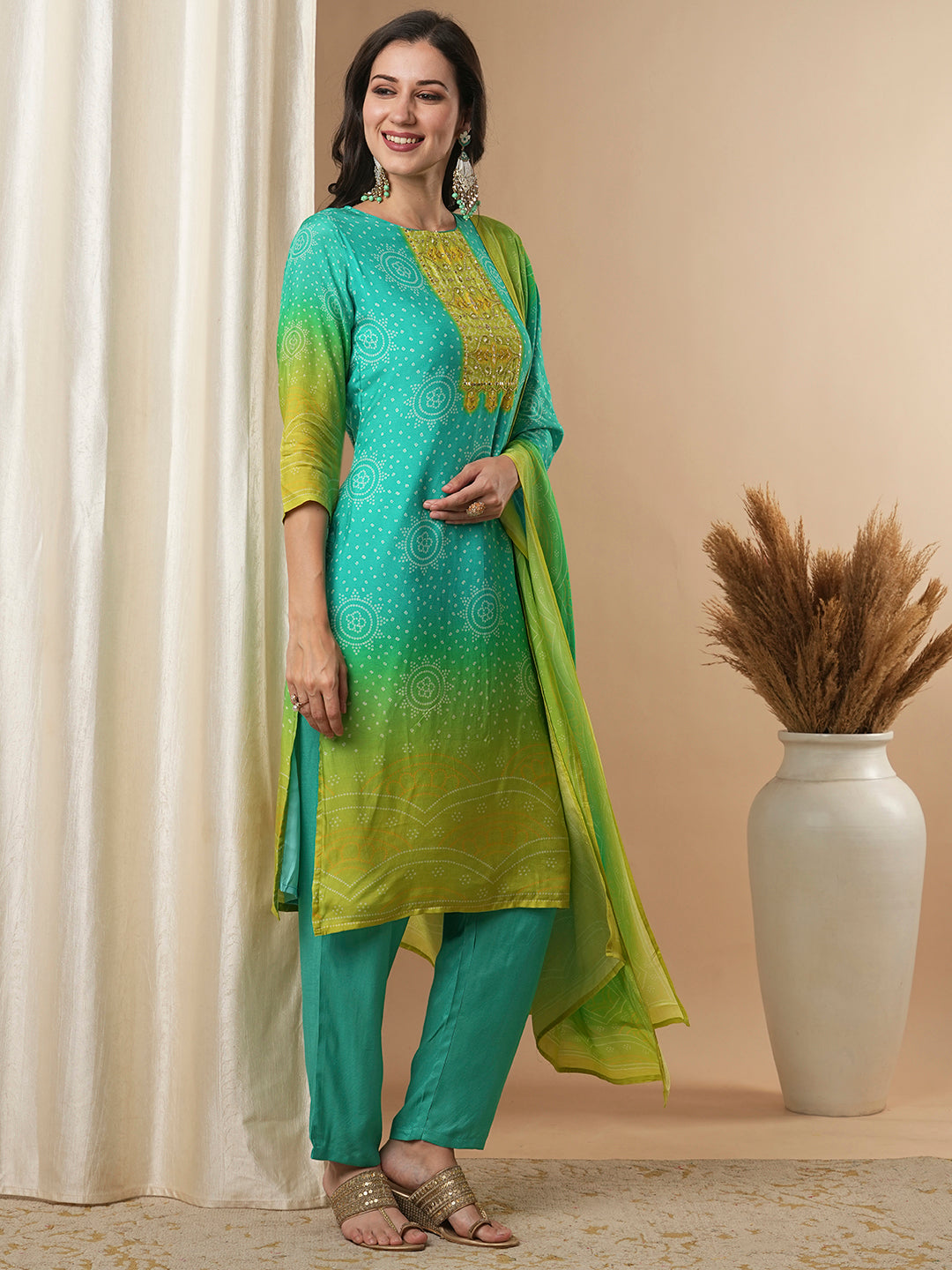 Bandhani Printed & Embroidered Straight Kurta with Pant & Dupatta - Green