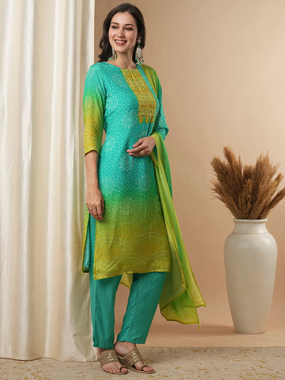 Bandhani Printed & Embroidered Straight Kurta with Pant & Dupatta - Green