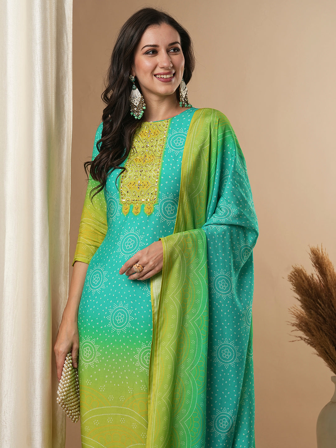 Bandhani Printed & Embroidered Straight Kurta with Pant & Dupatta - Green