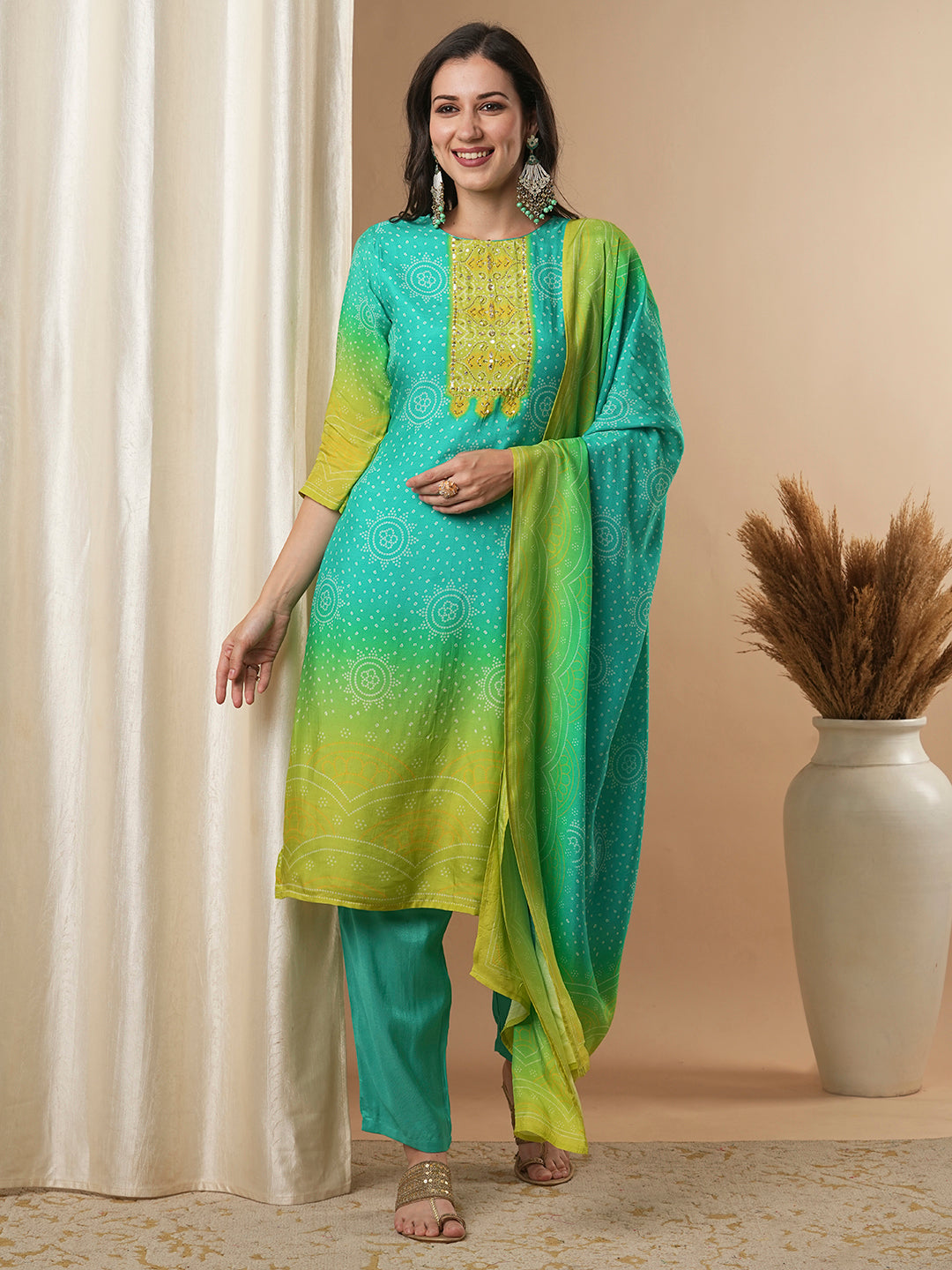 Bandhani Printed & Embroidered Straight Kurta with Pant & Dupatta - Green