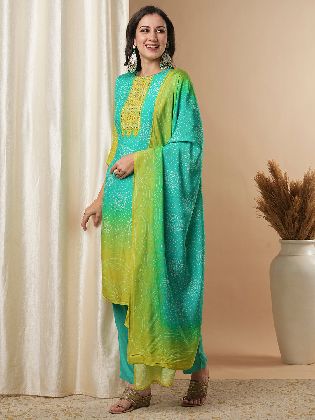 Bandhani Printed & Embroidered Straight Kurta with Pant & Dupatta - Green