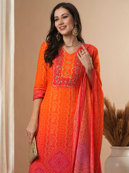 Bandhani Printed & Embroidered Straight Kurta with Pant & Dupatta - Orange