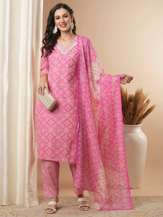 Ethnic Printed & Embroidered Straight Kurta & with Pant & Dupatta - Pink