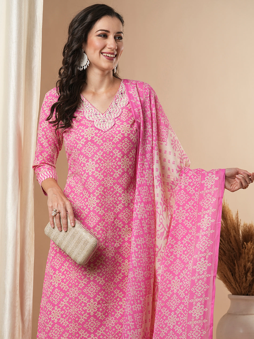 Ethnic Printed & Embroidered Straight Kurta & with Pant & Dupatta - Pink