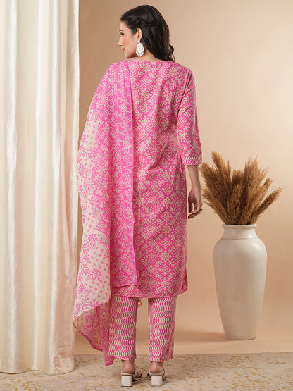 Ethnic Printed & Embroidered Straight Kurta & with Pant & Dupatta - Pink