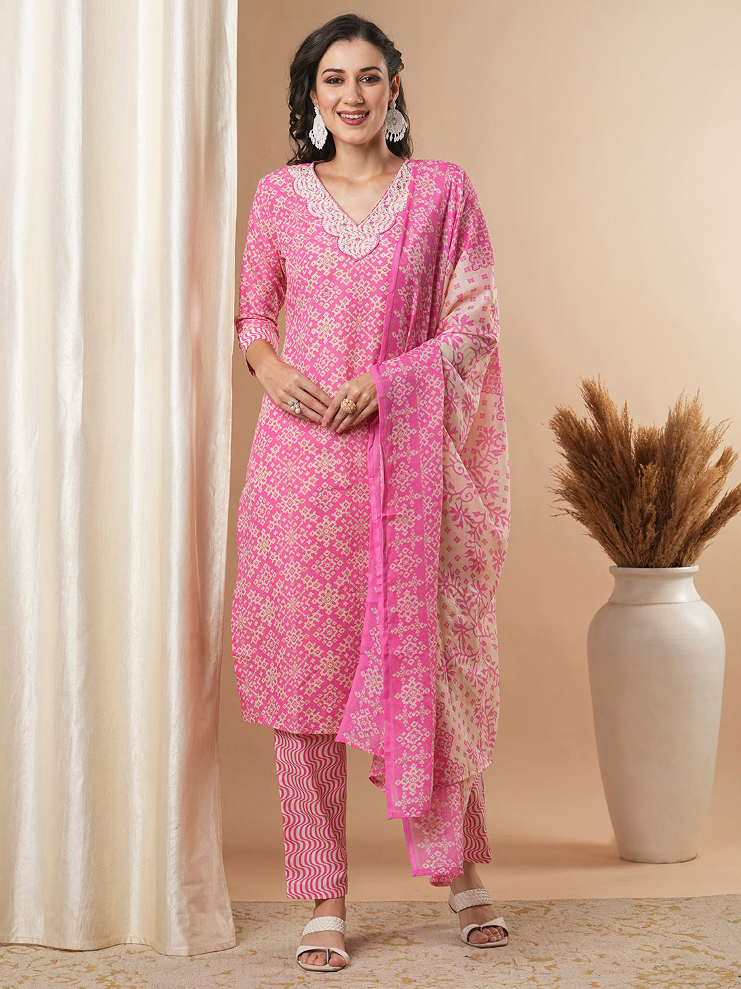 Ethnic Printed & Embroidered Straight Kurta & with Pant & Dupatta - Pink