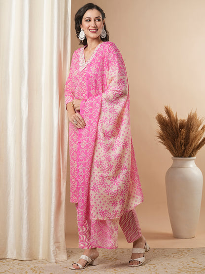 Ethnic Printed & Embroidered Straight Kurta & with Pant & Dupatta - Pink