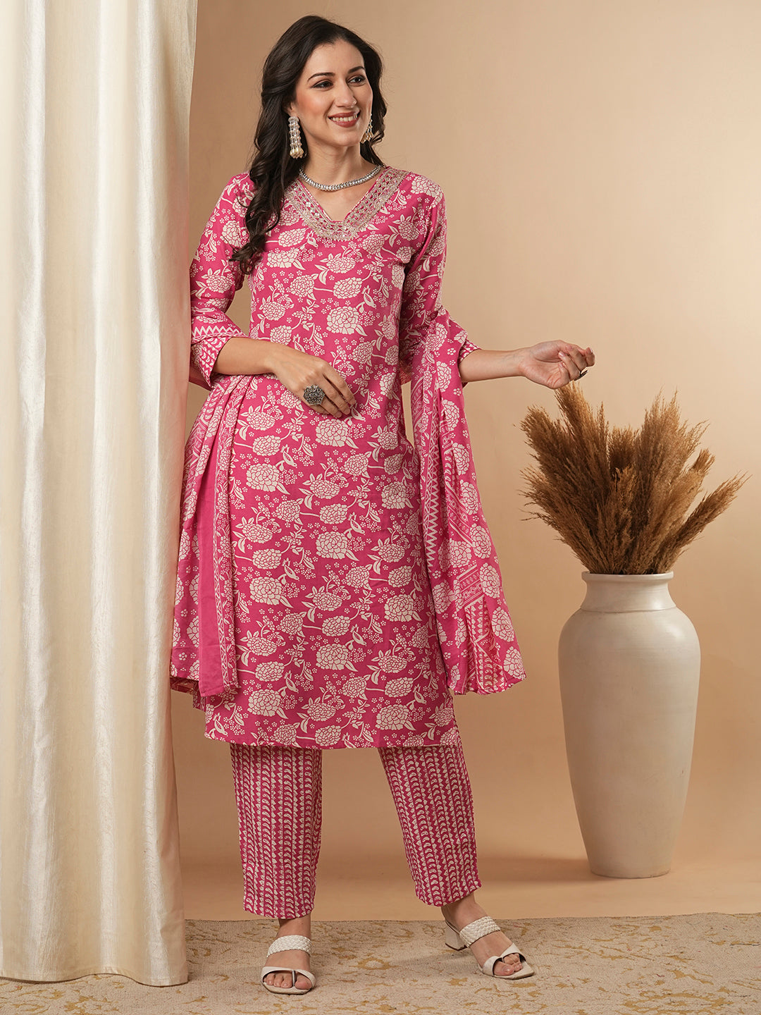 Floral Printed & Embroidered Straight Fit Kurta with Pant & Dupatta - Pink