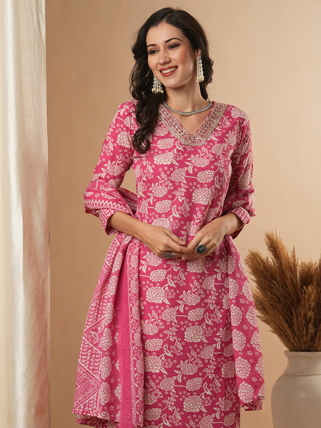 Floral Printed & Embroidered Straight Fit Kurta with Pant & Dupatta - Pink