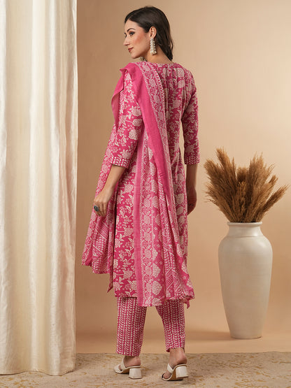 Floral Printed & Embroidered Straight Fit Kurta with Pant & Dupatta - Pink