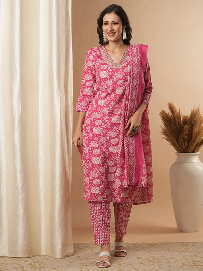 Floral Printed & Embroidered Straight Fit Kurta with Pant & Dupatta - Pink